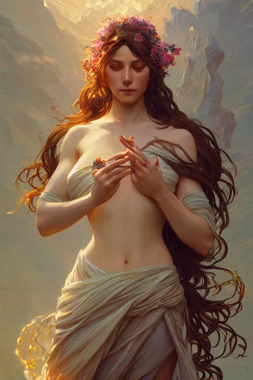 Image similar to goddess of nature, accurate anatomy, only two hands, highly detailed, digital painting, artstation, concept art, smooth, sharp focus, illustration, Unreal Engine 5, 8K, art by Ross Tran and greg rutkowski and alphonse Mucha