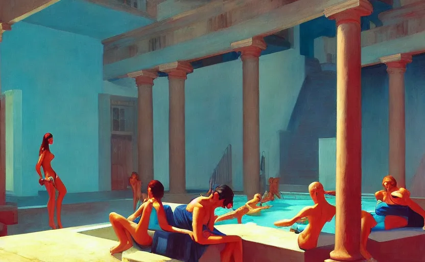 Image similar to Inside a greek dungeon with a big pool and ladies in bikini, very coherent, painted by Edward Hopper, Wayne Barlowe, painted by James Gilleard, airbrush, art by JamesJean