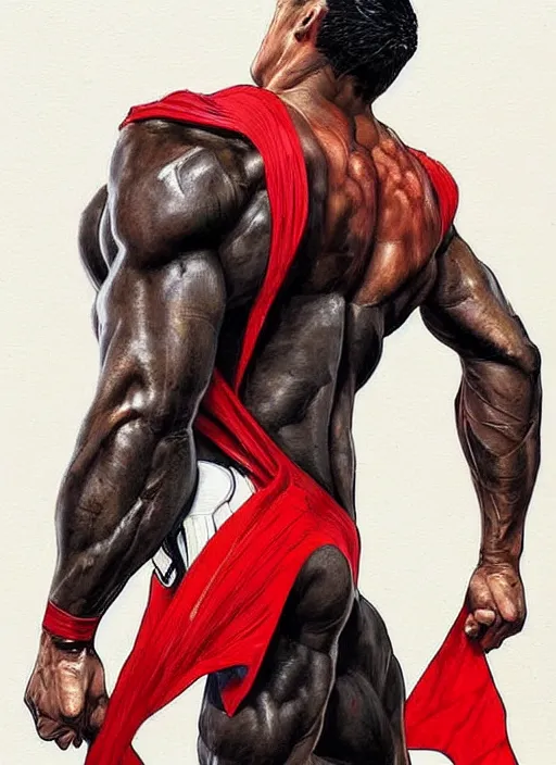 Image similar to portrait of crossfit bodybuilder sprinter superman!, futuristic detailed costume, red and black costume!!!, painted art by tsuyoshi nagano, greg rutkowski, artgerm, alphonse mucha, spike painting