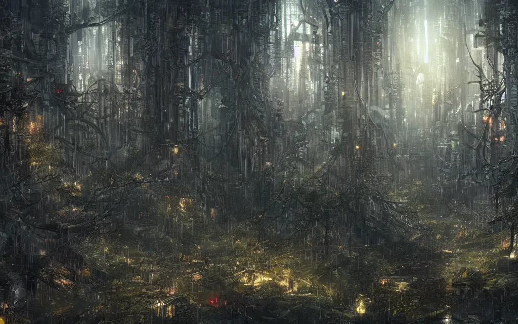 Image similar to a dark forest where gears and electronic parts grow on the trees tops, cyberpunk landscape wallpaper, d&d art, fantasy, painted, 4k, high detail, sharp focus