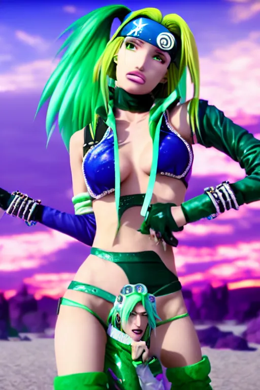 Image similar to cinematic scene with bella thorne as jolyne from jojo's bizarre adventure, stone ocean, dramatic, small details, volumetric lighting, still frame