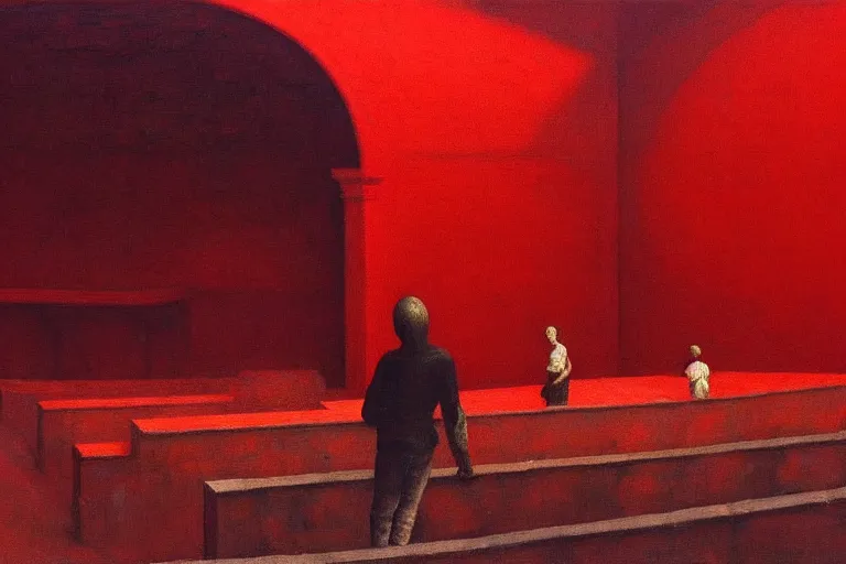 Image similar to only with red, crowd screaming, an exposed picture in a roman theater, in the style of beksinski, parts by edward hopper, parts by rodcenko, parts by yue minjun, intricate and epic composition, red by caravaggio, insanely quality, highly detailed, masterpiece, red light, artstation, 4 k