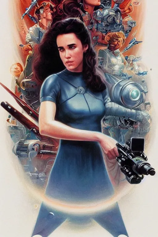 Image similar to young Jennifer Connelly as a stunning , beautiful retro SCI-FI space heroine 1985 , movie poster, intricate, elegant, highly detailed, centered, digital painting, trending on artstation, concept art, smooth, sharp focus, illustration, art by artgerm and donato giancola and Joseph Christian Leyendecker, Ross Tran, WLOP