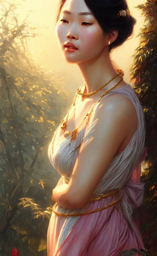 Image similar to a beautiful taiwan goddess with sundress with jewelry | | winter, realistic shaded, unpleasant face, good looking, fine details, realistic shaded lighting poster by greg rutkowski, magali villeneuve, artgerm, jeremy lipkin and michael garmash and rob rey