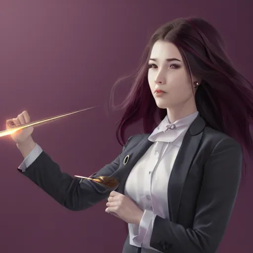 Prompt: A portrait of a female magical girl wearing a business suit and holding a wand, full round face, light makeup, pale skin, medium shot, mid-shot, hyperdetailed, 8k, trending on artstation, artgerm and greg rutkowski