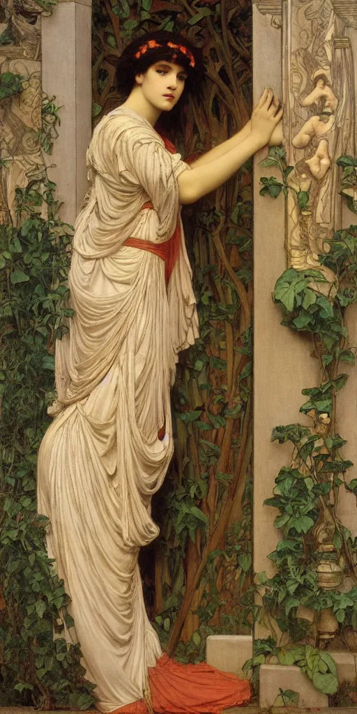 Image similar to at the gate of the temple by john william godward painted by alphonse mucha