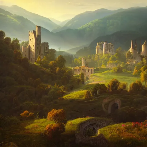 Prompt: Vast verdant empty flat valley surrounded by Transylvanian mountains with a huge zeppelin hovering above it, and a ruined medieval castle on the hillside in the background. No villages. Late evening light in the summer, gloomy weather. Hyperrealistic, high quality, sharp, highly detailed, peter mohrbacher, ansel adams.