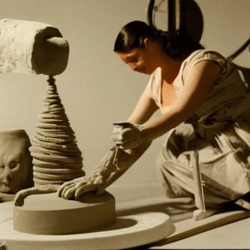 film still of a woman sculpting clay on a wheel with, Stable Diffusion