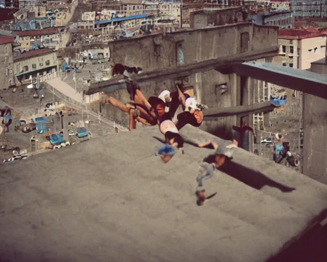 Image similar to lomo photo of roofjumpers climbing on roof of soviet hrushevka, small town, cinestill, bokeh, out of focus