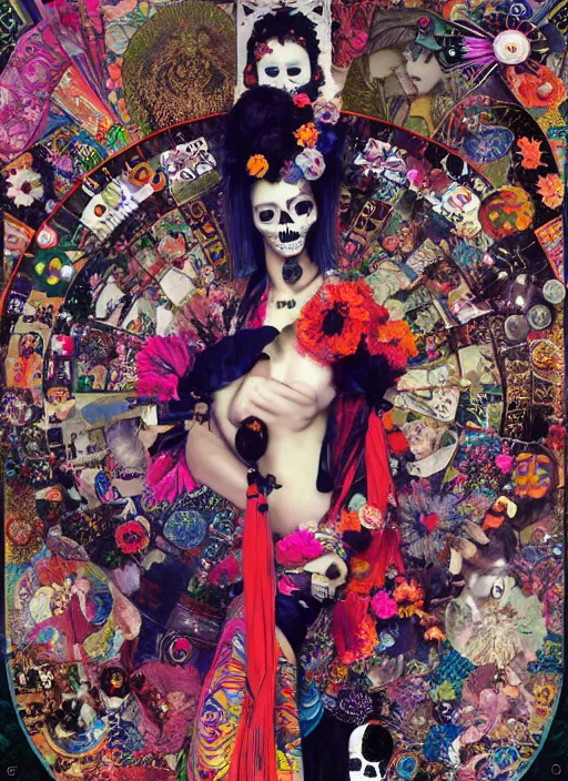 Image similar to cute punk goth fashion hippy fractal Día de los Muertos android girl wearing kimono made of circits posing by Zhang Jingna, psychedelic dada collage by Hannah Höch Victor Moscoso Rick Griffin Alphonse Mucha Gustav Klimt Ayami Kojima Amano Charlie Bowater, masterpiece