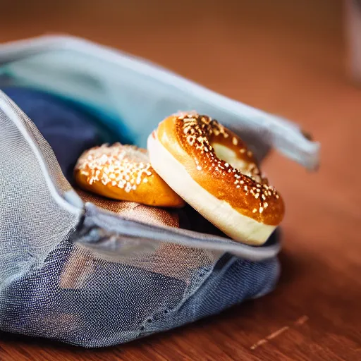 Image similar to closeup photo of cute pariah - dog eating bagles from mesh bag, shallow depth of field, cinematic, 8 0 mm, f 1. 8