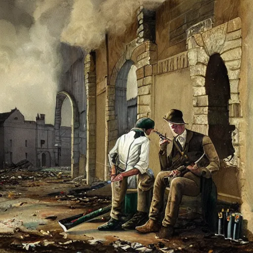 Image similar to Beautiful painting of Irish rebels smoking cigarettes inside a ruined building, General Post Office in Dublin, 4K