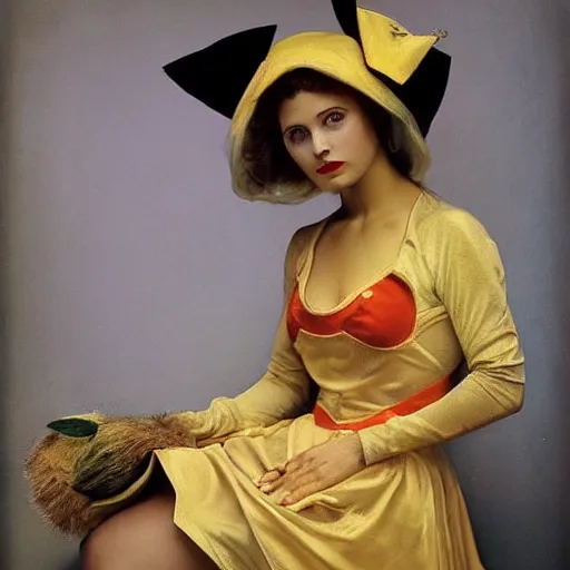 Image similar to elegant woman dressed up as pikachu, art photo by Annie Liebovitz and Alphonse Mucha