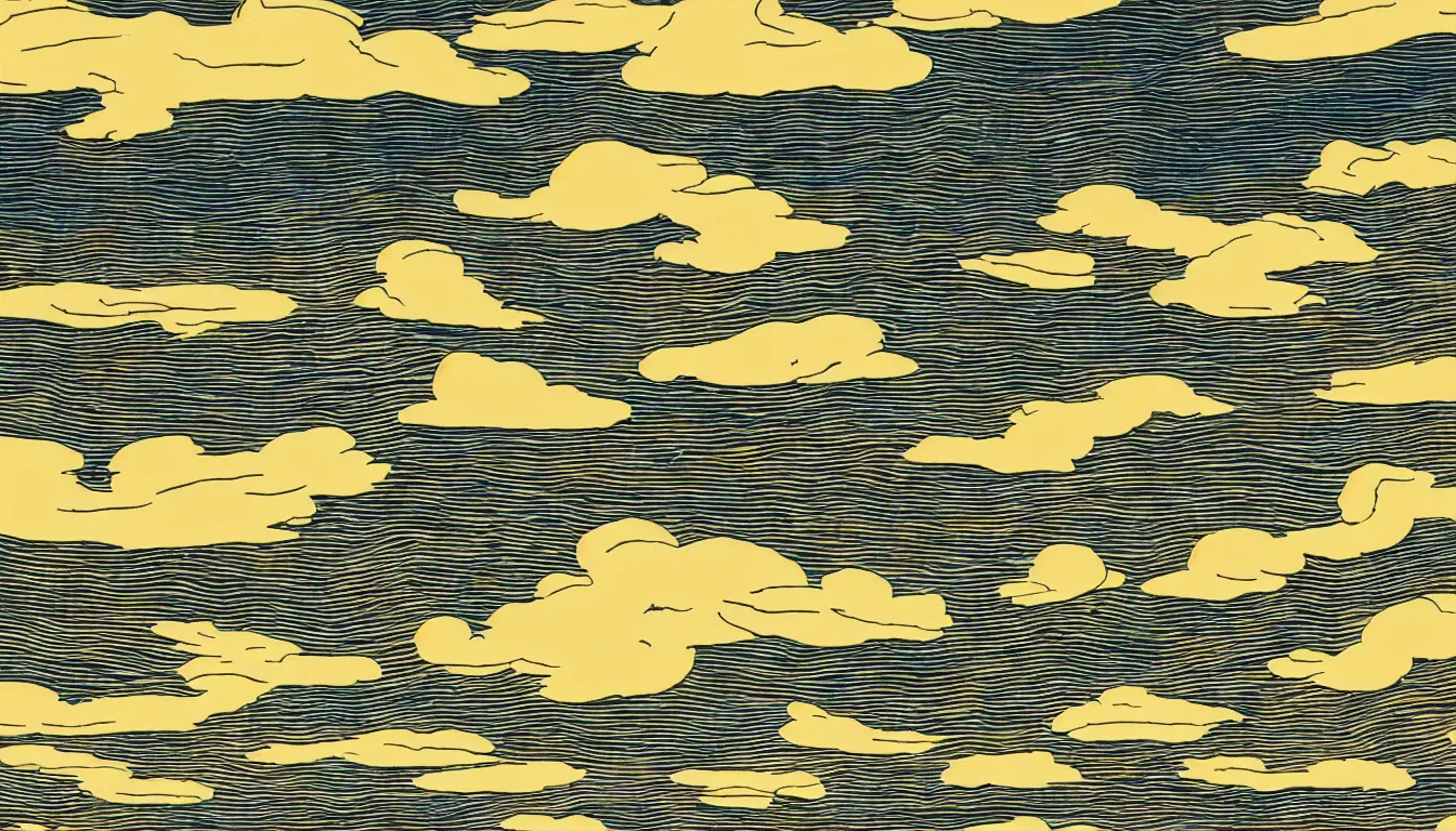 Image similar to clouds in the shape of charlie brown light rays by dan mumford and peter doig and edward hopper, symmetrical, minimal, black ink, thick lines highly detailed, muted colours 8 k