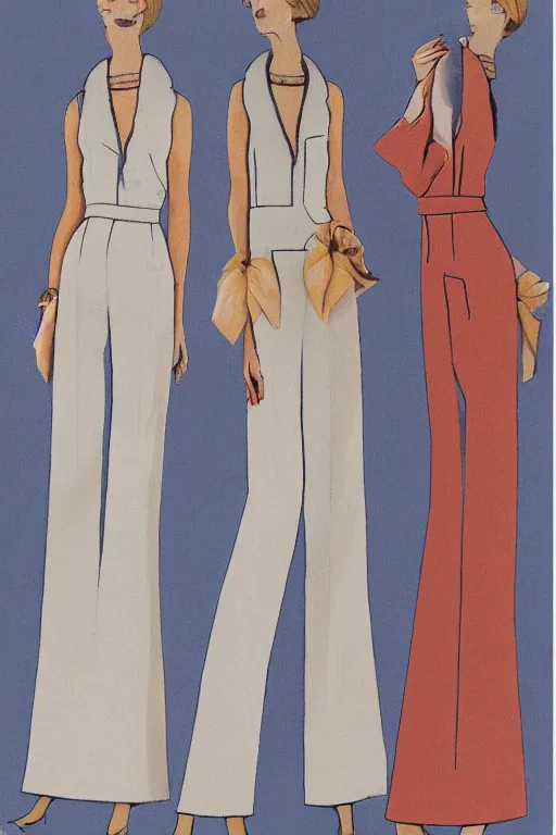 Image similar to a detailed fashion illustration of a midcentury hostess gown pants set