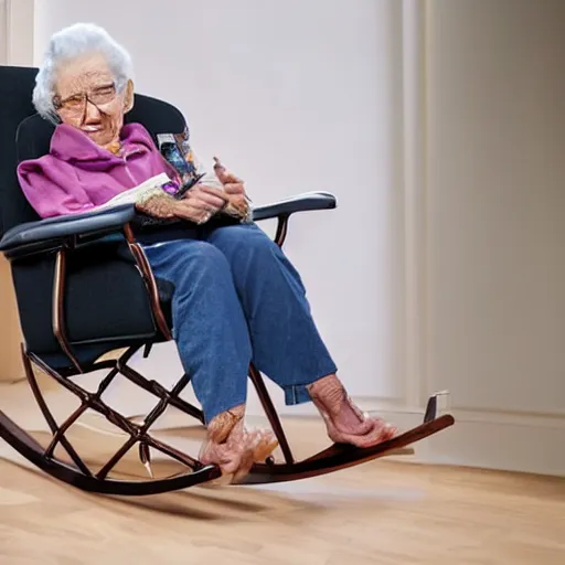 Image similar to a grandma sitting in a rocking chair with cyborg implants