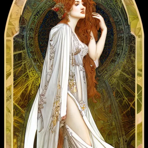 Image similar to beautiful ishtar goddess in long flowy dress, porcelain skin by rebecca guay and mucha, artstation, hq, hires, hd