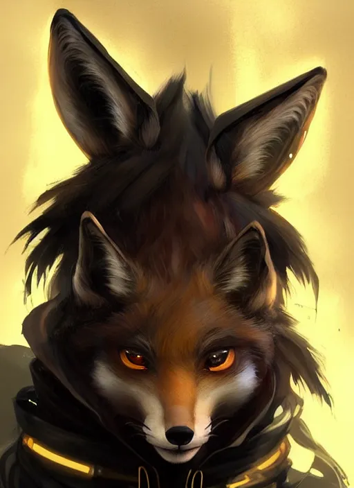 Image similar to award winning beautiful portrait commission of a male furry anthro melanated fox fursona with a tail and a cute beautiful attractive detailed furry face wearing stylish black and gold cyberpunk clothes in a cyberpunk city at night while it rains. Character design by charlie bowater, ross tran, artgerm, and makoto shinkai, detailed, inked, western comic book art