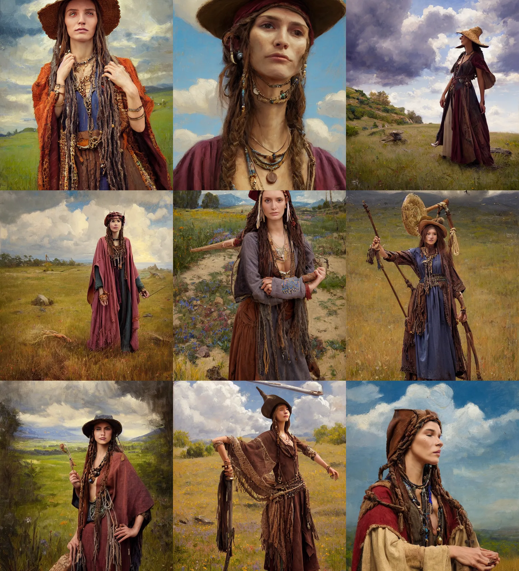 Image similar to portrait of medieval farmer fashionable young woman with wooden jewelry, mediterranean features, wearing rich jewerly hat and boho poncho, shaman witch, fantasy character close up portrait, standing pose, low view, thunder clouds in the sky, artwork by Jeremy Lipkin and Giuseppe Dangelico Pino and Michael Garmash and rob rey, levitation, industrial rusty pipes, simple form, brutal shapes