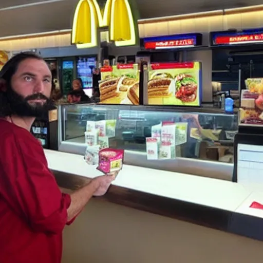 Image similar to Jesus working the counter at McDonald’s real photo