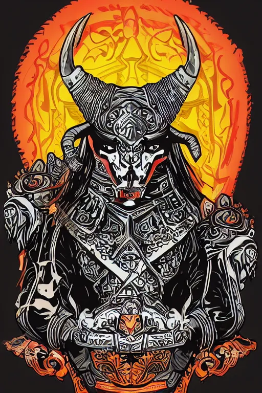 Image similar to A portrait of a bull as evil warlord general on skull throne, sticker, Anthropomorphized, portrait, highly detailed, colorful, illustration, smooth and clean vector curves, no jagged lines, vector art, smooth