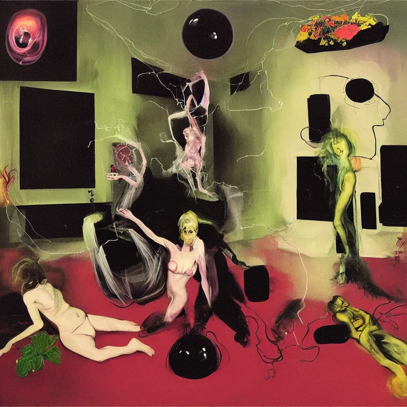 Image similar to Man and woman start to bounce in a living room of a house, floating dark energy surrounds the middle of the room. There is one living room plant to the side of the room, surrounded by a background of dark cyber mystic alchemical transmutation heavenless realm, cover artwork by francis bacon and Jenny seville, midnight hour, part by adrian ghenie, part by jeffrey smith, part by josan gonzales, part by norman rockwell, part by phil hale, part by kim dorland, artstation, highly detailed