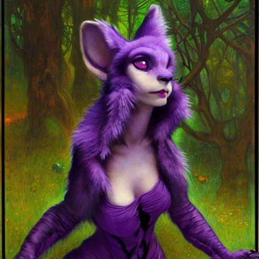 Image similar to a portrait of a female purple reptile in goth clothes at night in a dark forest. zootopia fursona furaffinity furry art detailed face painting by gaston bussiere craig mullins jc leyendecker gustav klimt artgerm greg rutkowski furry