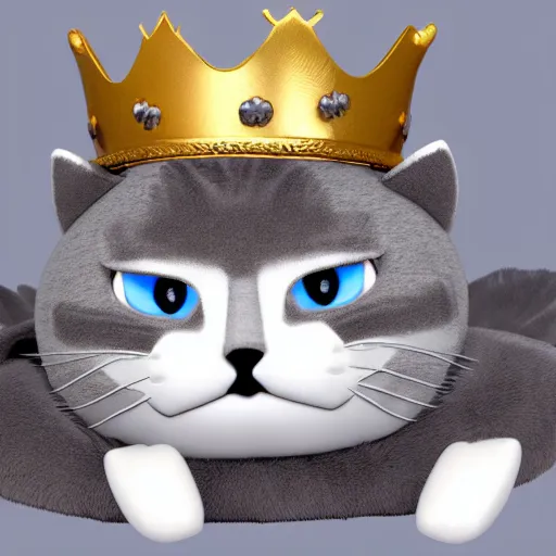 Prompt: gray anthropomorphic, cat female with a whit and chest, wearing a golden crown, big blue eyes, plushy