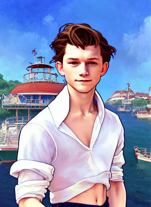 Image similar to cute tom holland wearing white sailor outfit on a steam boat, natural lighting, path traced, highly detailed, high quality, digital painting, by don bluth and ross tran and studio ghibli and alphonse mucha, artgerm