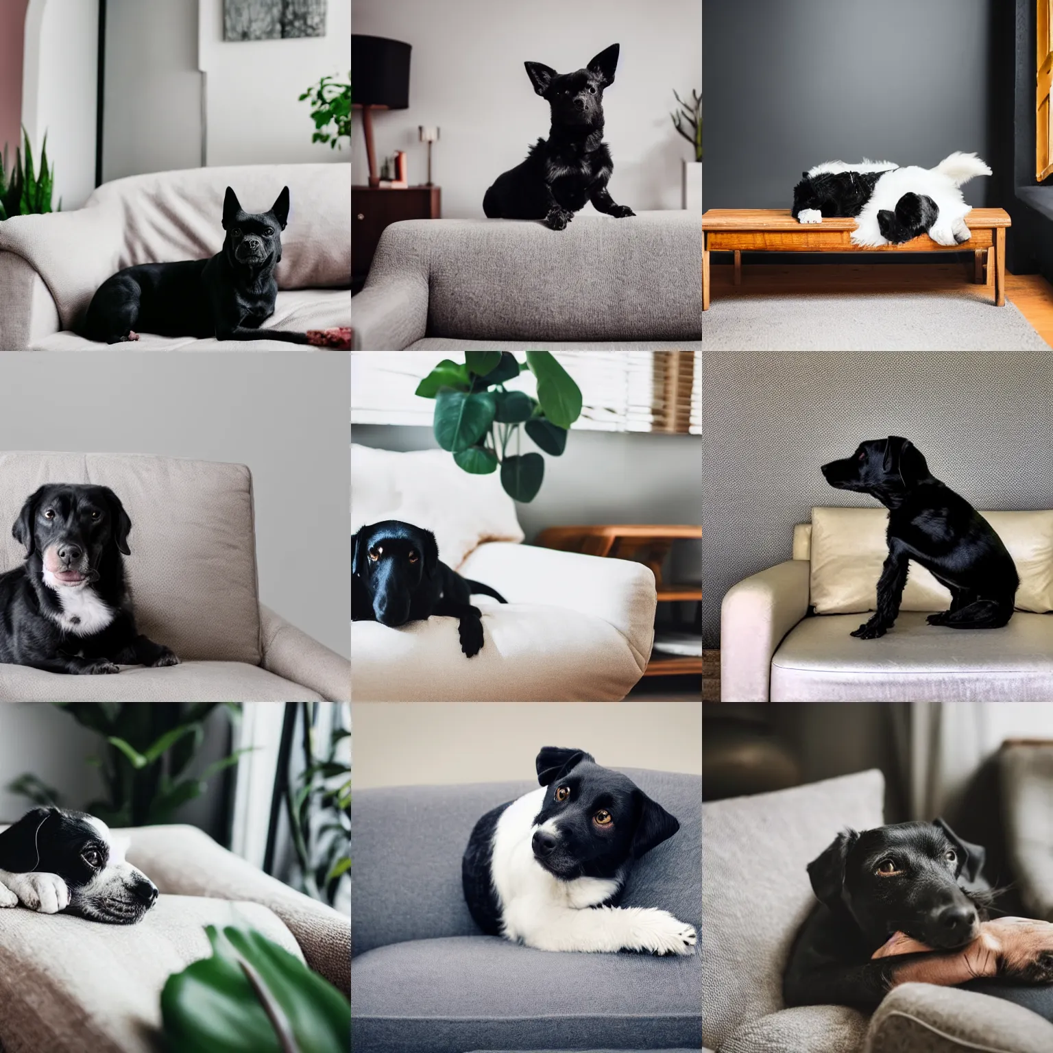 Prompt: a small black dog, white face, lying down in the lap of the people on a sofa, house plants and wood furniture in the background, modern house, indoors, dim light, photograph, 4 k, shot on iphone, for a catalogue, blurry background