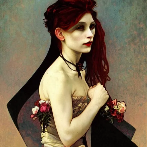 Prompt: A beautiful painting of a lady vampire, victorian, dracula, ominous, oil on canvas, photorealism, alphonse mucha, caravaggio, high definition, soft light