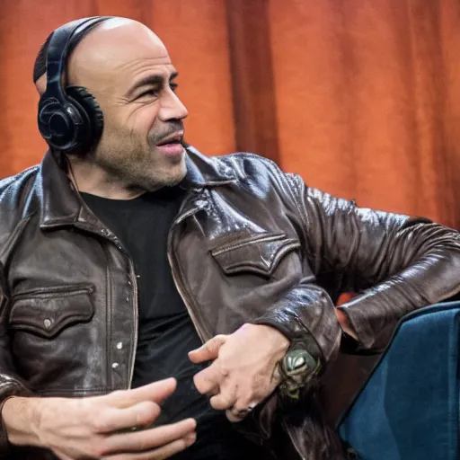 Image similar to a grizzly bear wearing a leather jacket as a guest on the joe rogan podcast