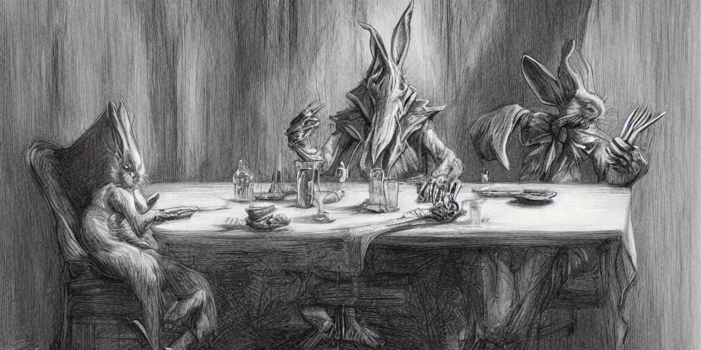 Image similar to An evil detailed white rabbit eating human bodyparts with a knife and fork sitting on a chair at the dinner table, by John Howe, Artstation, Dark, human body on a spit in the background, scary, spooky