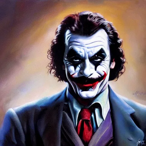 Image similar to ultra realistic portrait painting of tom selleck as the joker, art by frank frazetta, 4 k, ultra realistic, highly detailed, epic lighting