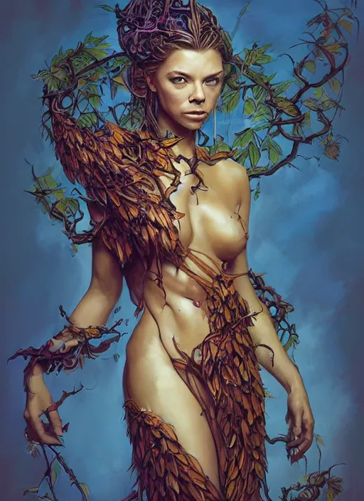 Prompt: formal portrait of beautiful jungle goddess, painted by jesper ejsing. fantasy, sci - fi, v - neck dress made entirely of vines, wings, intricate detail, romanticism, vivid color scheme, studio lighting, artstation, natalie dormer