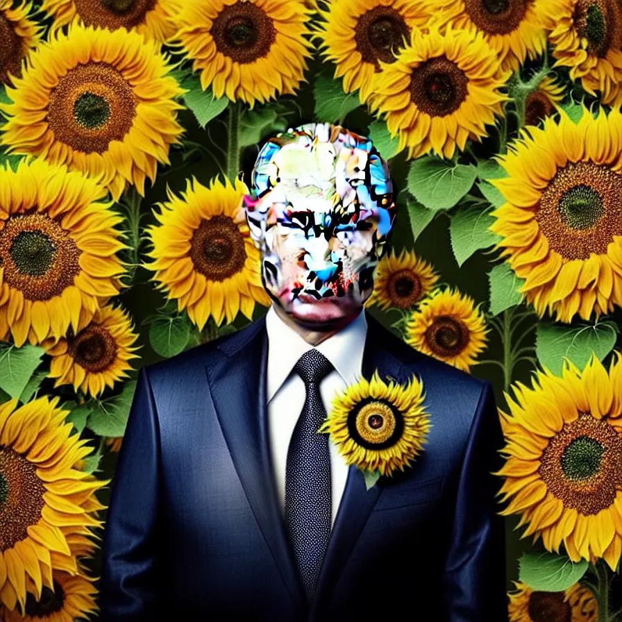 Image similar to photo portrait of Vladimir Putin - sunflowers - dressed in suit with intricate ornamental sunflower and tombstone for a tie, natural skin tone, highly detailed realistic flowers ornament in the upper side of breast, hair and wrinkles are intricate with highly detailed realistic flowers, elegant, Realistic, Refined, Highly Detailed, natural soft pastel lighting colors scheme, fine art photography by Cecil Beaton, volumetric lighting, hyper realistic photography