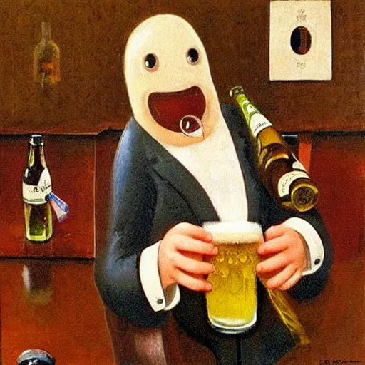 Image similar to an octopus drinking a beer in a pub, by Michael Sowa