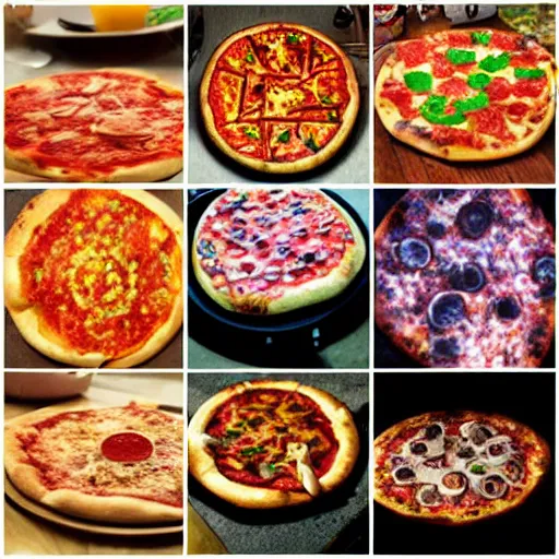 Image similar to A collection of pizzas cooked by people that were tripping on DMT