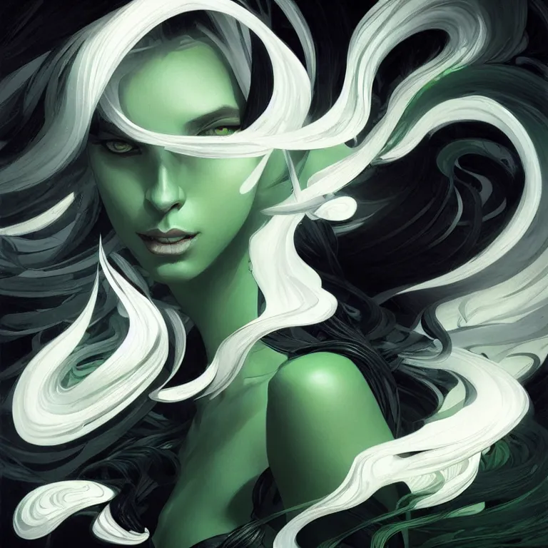 Image similar to Envy is a hue created with swirls of white gouache, mysterious black, and a daub of cold green, intricate, highly detailed, digital painting, artstation, concept art, smooth, sharp focus, illustration, Unreal Engine 5, 8K, art by artgerm and greg rutkowski and alphonse mucha