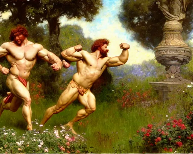 Prompt: muscular hercules and muscular achilles frolic in a meadow of beautiful flowers, large topiary and marble pillars in the background, painting by gaston bussiere, craig mullins, j. c. leyendecker, tom of finland