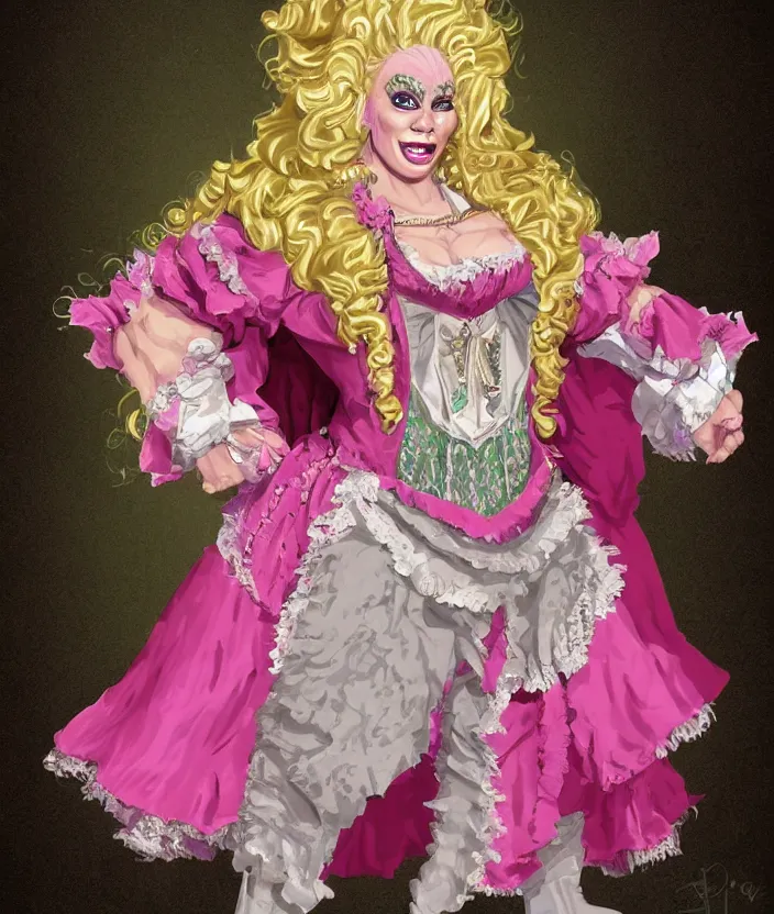 Prompt: d&d character artwork of a brawny orc drag queen (a male orc in frilly women\'s clothing, orc has green skin) wearing a very girly prissy frilly rococo ballgown outfit and wearing a huge rococo powdered wig, rococo fashion, drag, girly, fabulous, D&D, fantasy, highly detailed, digital painting, artstation, smooth, sharp focus, illustration, art by artgerm and greg rutkowski and alphonse mucha