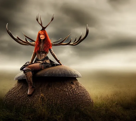 Image similar to a photo of an armored woman warrior redhead with antlers sitting on a giant mushroom that covers a whole village and reaches above the clouds by luis royo. intricate. lifelike. soft light. sony a 7 r iv 5 5 mm. cinematic post - processing