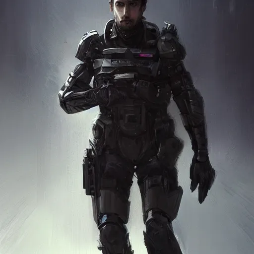 Image similar to Portrait of a man by Greg Rutkowski, he is about 20 years old, mixture turkish and russian, short dark blonde hair with bangs, attractive, angry but resigned look, he is wearing a futuristic tactical gear, highly detailed portrait, scifi, digital painting, artstation, concept art, smooth, sharp foccus ilustration, Artstation HQ.