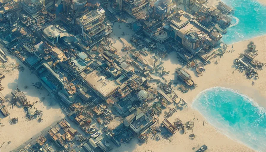 Prompt: A highly detailed matte painting of a beautiful cyberpunk dystopian beach resort beach with golden shimmering sands by Studio Ghibli, Mokoto Shinkai, by Artgerm, by beeple, volumetric lighting, octane render, 4K resolution, trending on artstation