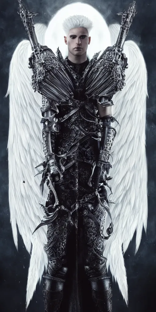 Image similar to full body image of a symmetric detailed terrifying male - angel with white hair with detailed white wings wearing medieval knight's armor and surrounded by black smoke, ultra - realistic, epic, highly detailed, hd, sharp focus, cinematic lighting, realistic, vivid colors, gritty, matt painting, digital art, non - blurry, sharp, artstation, concept art, smooth, illustration.