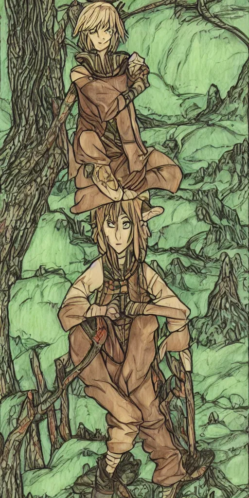 Image similar to an wood elf boy on the mountain side, anime style, tarot card, Tarot card the fool, fine line work, psychedelic, full color, earth tones