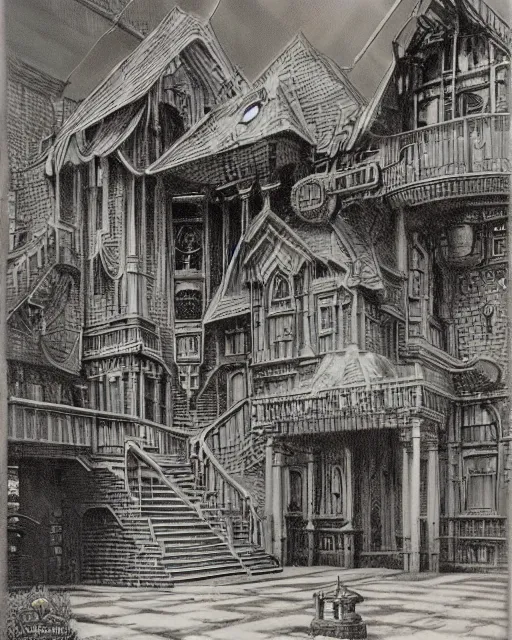 Image similar to steampunk mansion by ralph mcquarrie and frank lloyd frank lloyd and bruce pennington and ted nasmith