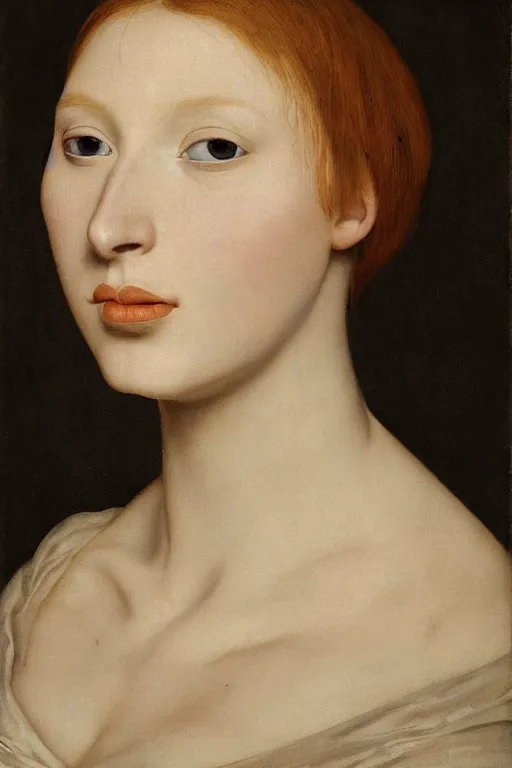 Prompt: hyperrealism close-up portrait of flower at mouth of young medieval attractive ginger female, pale skin, wearing dark silk, in style of classicism