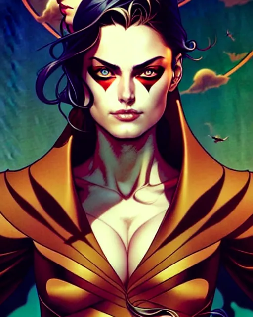 Image similar to artgerm, joshua middleton comic cover art, pretty pirate phoebe tonkin smiling, full body, symmetrical eyes, symmetrical face, long curly black hair, on a pirate ship background, warm colors