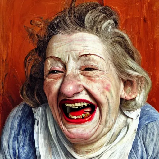 Image similar to high quality high detail painting by lucian freud, hd, a laughing woman portrait, photorealistic lighting